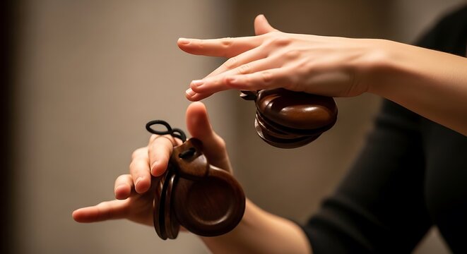 Elegance of flamenco percussion: closeup of hands artfully playing wooden castanets creating musical rhythm and