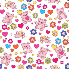 Obraz premium Cute Valentine's Day pattern vector. Seamless bears pattern with hearts, cupid, and flowers. Hand Drawn Valentine Illustration Background.