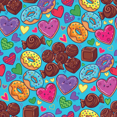 Fototapeta premium Cute Valentine pattern vector. Seamless sweets pattern with chocolate, cookie, and donut. Hand Drawn Valentine's Day Hearts Background.