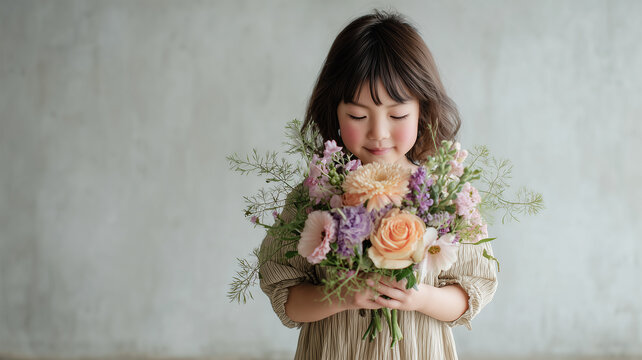 女の子が花束を胸の前で室内で静かに抱える姿