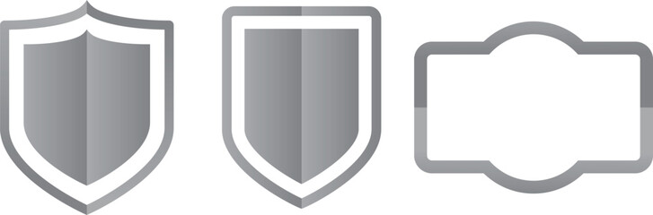 Shield outline badge vector set, silver security emblem shapes for branding, protection labels and design