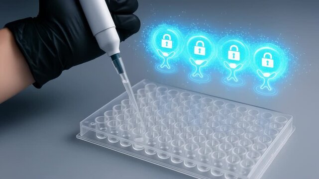 Gloved hand uses pipette facilitating diffusion in multi well plate with digital security icons securing data in laboratory research environment