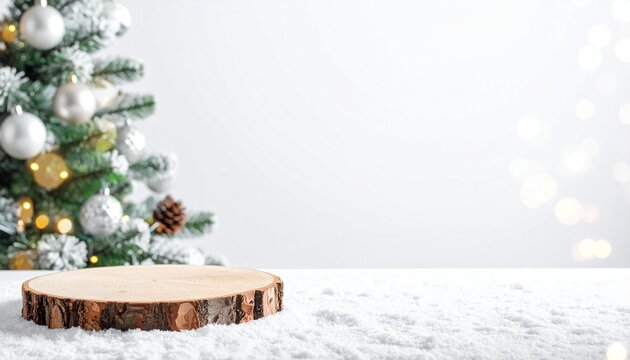 A festive holiday image featuring a natural wood slice podium amid a snowy, white