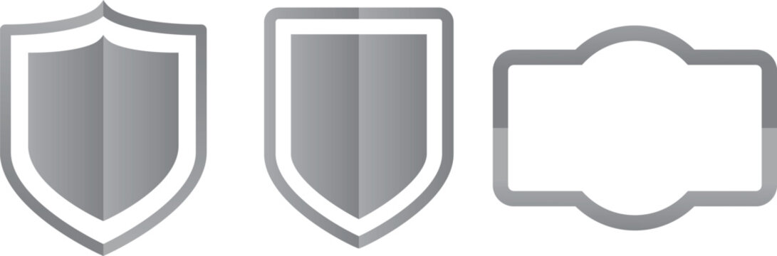 Shield outline badge vector set, silver security emblem shapes for branding, protection labels and design