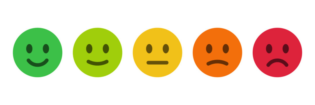 Naklejki Colorful feedback emoji faces, emoticons ranging from happy to sad, for surveys, rating systems, user feedback, and UI elements as a rating scale or for collecting feedback on satisfaction and mood