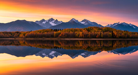 Mountains reflecting in a lake surrounded by autumn colored trees at sunset