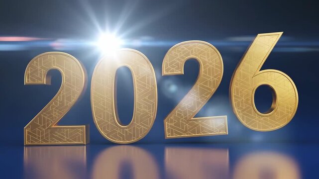 Golden 2026 year numbers with decorative pattern and bright light flare