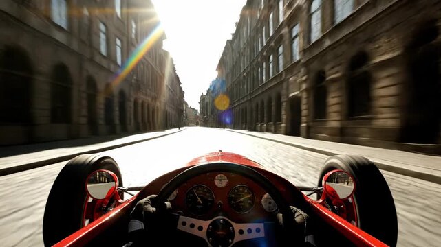 Dynamic POV: Vintage Red Race Car Speeds Through Sun-Drenched Historic City Street with Motion Blur