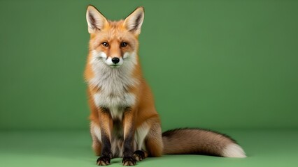 A red fox sitting calmly on green screen