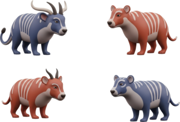 Four CartoonStyled Striped Animals with Horns and Unique Color Palettes.