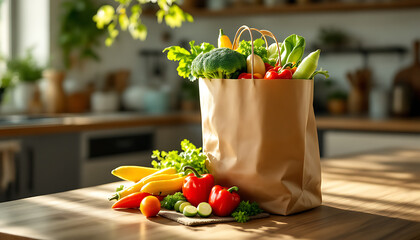Fresh groceries spilling out of a brown paper bag on a kitchen counter