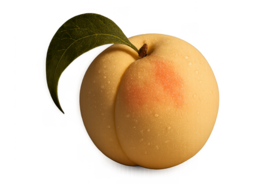 Fresh ripe peach with leaf and water drops isolated on transparent background