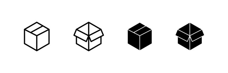 Package and box icons with closed and open states , for delivery apps, shipping systems, e-commerce or logistics., and modern UI elements. in outline, open, and solid styles