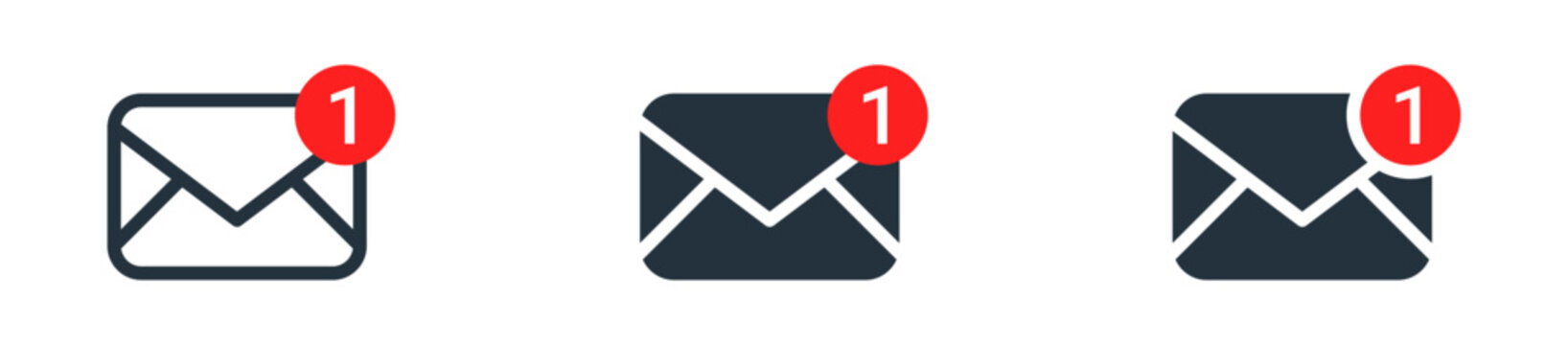 Mail envelope icon with a red notification bubble , Email notification icons with number '1' in outline and filled styles with a red badge, perfect for unread message, inbox alerts, messaging apps