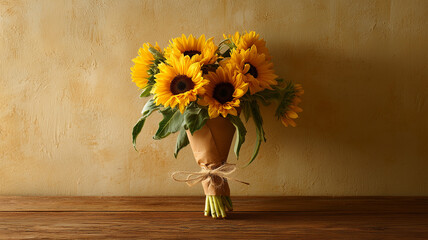 ヒマワリの花束とクラフト紙のラッピングを配した静物