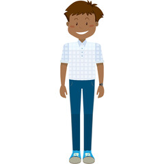 Smiling Young Man Standing Wearing Blue Jeans and Light Blue Plaid Shirt with Blue Shoes and Wristwatch Full Body Studio Shot Isolated on White Background