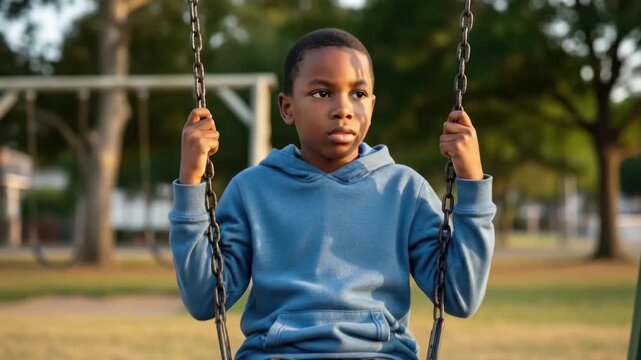 A young boy in a blue hoodie sits pensively on a swing set in a park during the daytime hours