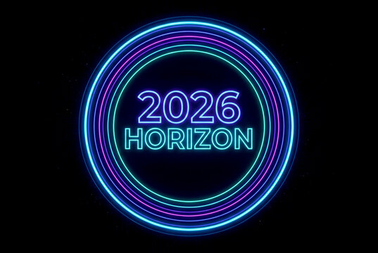 Horizon 2026: A futuristic neon design with the text '2026 HORIZON' in a captivating glowing circle, set against a dark backdrop.