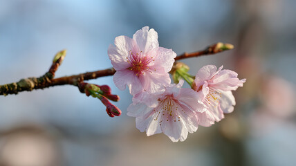 Fototapeta premium 十月桜の淡い花が秋空の下でやさしく咲く景色