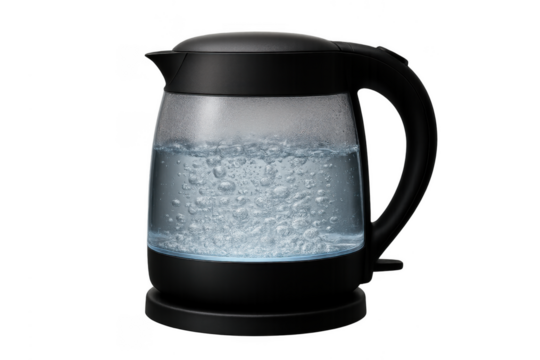 Glass electric kettle boiling water on transparent background
