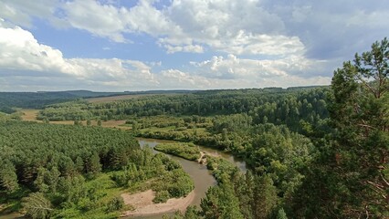 Picturesque River Valley Landscape with Lush Forest and Serene Waterscape, Beautiful Natural Scenery