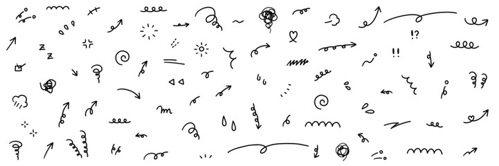 Obraz na płótnie Canvas 手書きの集中線や矢印などのあしらいのベクターイラストセット。手描き、落書き、飾り、モヤモヤ 