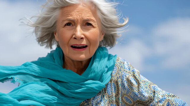 Elderly woman senior portrait gray hair turquoise scarf windblown riding bicycle along windy seaside path surprised joyful expression