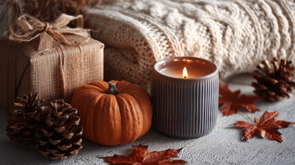 ろうそくと贈り物が並ぶ秋の卓上静物構図