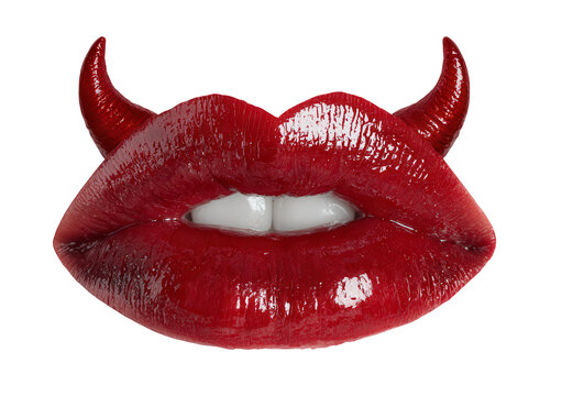 Playful red lips with devil horns, embodying a mischievous spirit.