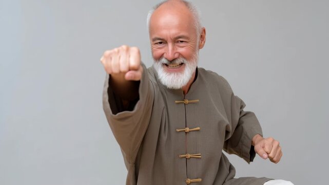Elderly man senior beard smiling martial arts tai chi brown robe Asian style clothing white beard outfit pose celebrating with raised fists joyful