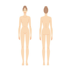 Fototapeta premium Vector illustration of a 9 head woman, displaying multiple angles including front, and back. Perfect for fashion sketches, anatomy reference, and style design.