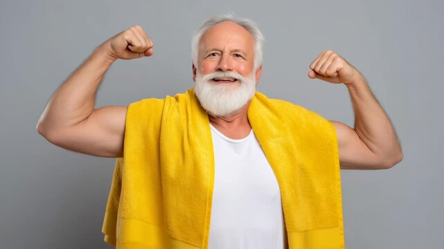 Smiling elderly man flexing biceps with yellow towel draped over shoulders white beard athletic pose expressing joy and confidence strong elderly man