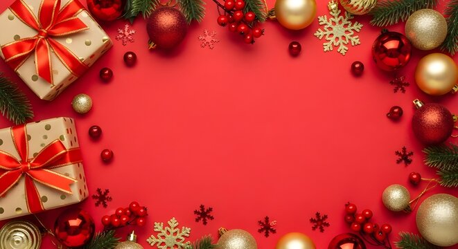 Vibrant red background framed by traditional red and gold baubles, holly berries, and snowflakes, with a wrapped present. Ideal for greeting cards, invitations, and advertisements.