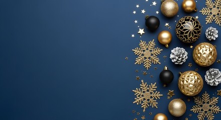 A stylish holiday arrangement of black, gold, and white ornaments, pine cones, and gold glitter snowflakes on a classic navy blue background. Space for text overlay.