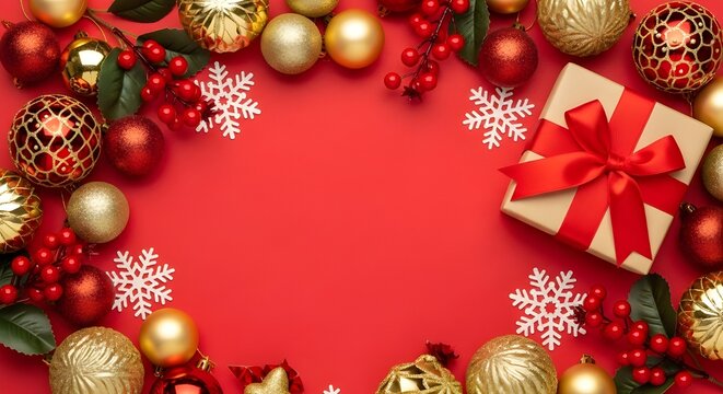 Vibrant red background framed by traditional red and gold baubles, holly berries, and snowflakes, with a wrapped present. Ideal for greeting cards, invitations, and advertisements. - Powered by Adobe