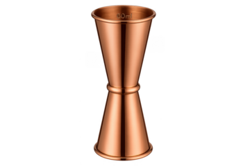 Copper jigger measuring cocktail ingredients on transparent background