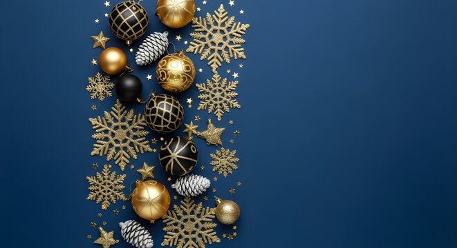Elegant holiday border with black, gold, and white ornaments, sparkling snowflakes, and pine cones on a classic navy blue background. Ideal for greeting cards and banners.