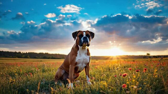 Boxer dog sitting in a field of flowers at sunset with a cloudy blue sky in the background dog video