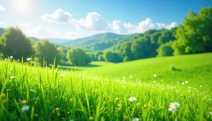 Obraz premium Feel the refreshing breeze on your skin as a cool wind blows through a lush green landscape Perfect for concepts of summer, nature, and tranquility , vibrant, sunlight