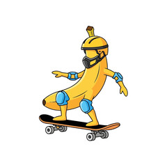 Fototapeta premium Cartoon banana character wearing helmet and knee pads skateboarding on a skateboard