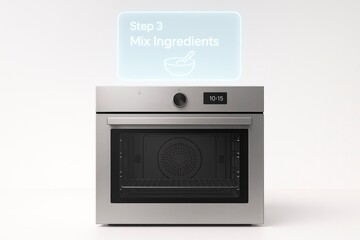 Obraz premium A modern AI oven with a sleek silver design. The oven features a digital display showing step 3: Mix ingredients. It has a glass door and a simple control panel.