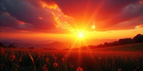 Golden hour sunrise paints the sky in vibrant hues, casting long shadows across a tranquil landscape, perfect for a serene and uplifting radio broadcast theme ,  calm,  sun rays,  design