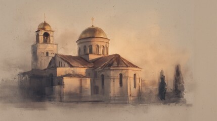Obraz premium Church of the Nativity in warm muted watercolor style concept of frozen lake 