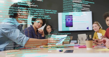 Discussing six-person team in smart casual reviewing app in office with wall monitor and laptop