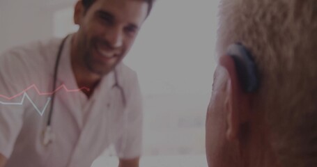 Leaning doctor in white coat reaching to senior at clinic with stethoscope, hearing-aid, copy space