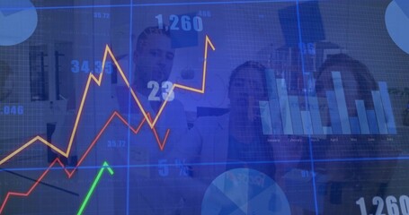 Three colleagues analyzing financial charts at office, with line, bar, pie charts, business casual
