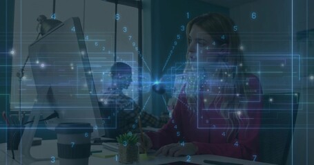 Writing woman in pink blouse checking monitor and scribbling sticky note in office with overlay