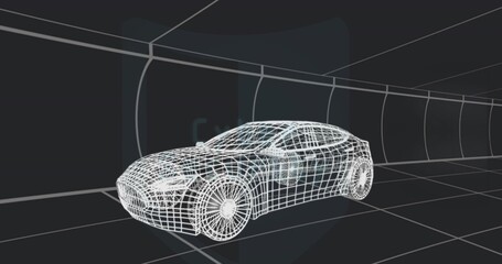 Fototapeta premium Displaying white wireframe sedan model sitting on grid floor in 3D viewport, showing tunnel panels