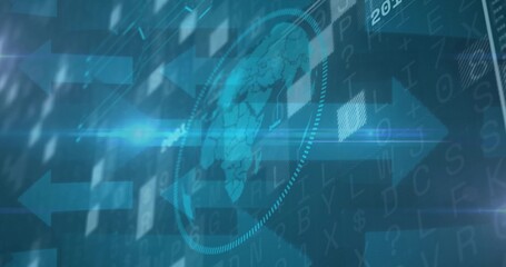 Obraz premium Animating transparent globe rotating within dotted HUD on broadcast UI, with arrows and text grid