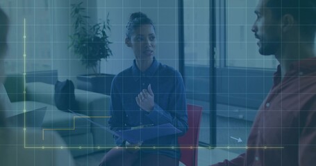 Pointing woman wearing denim shirt holding blue folder on red chair, discussing amid HUD overlay